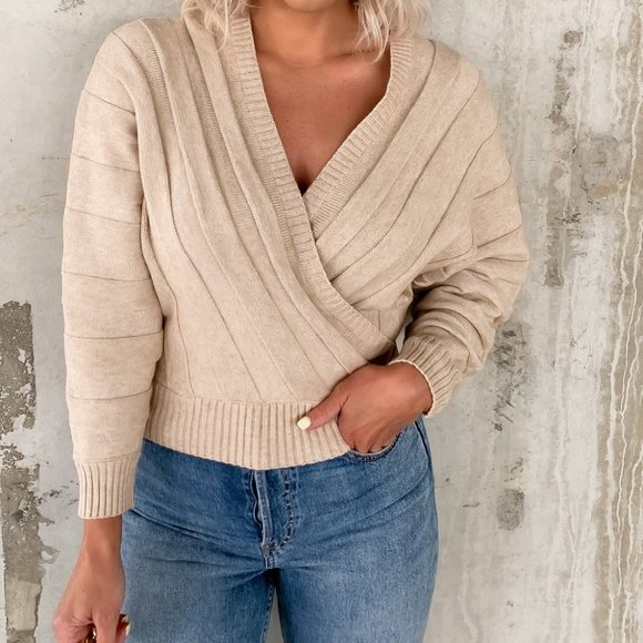 Beige Cream Wrap Sweater With Key Hole Back - Picture 6 of 6